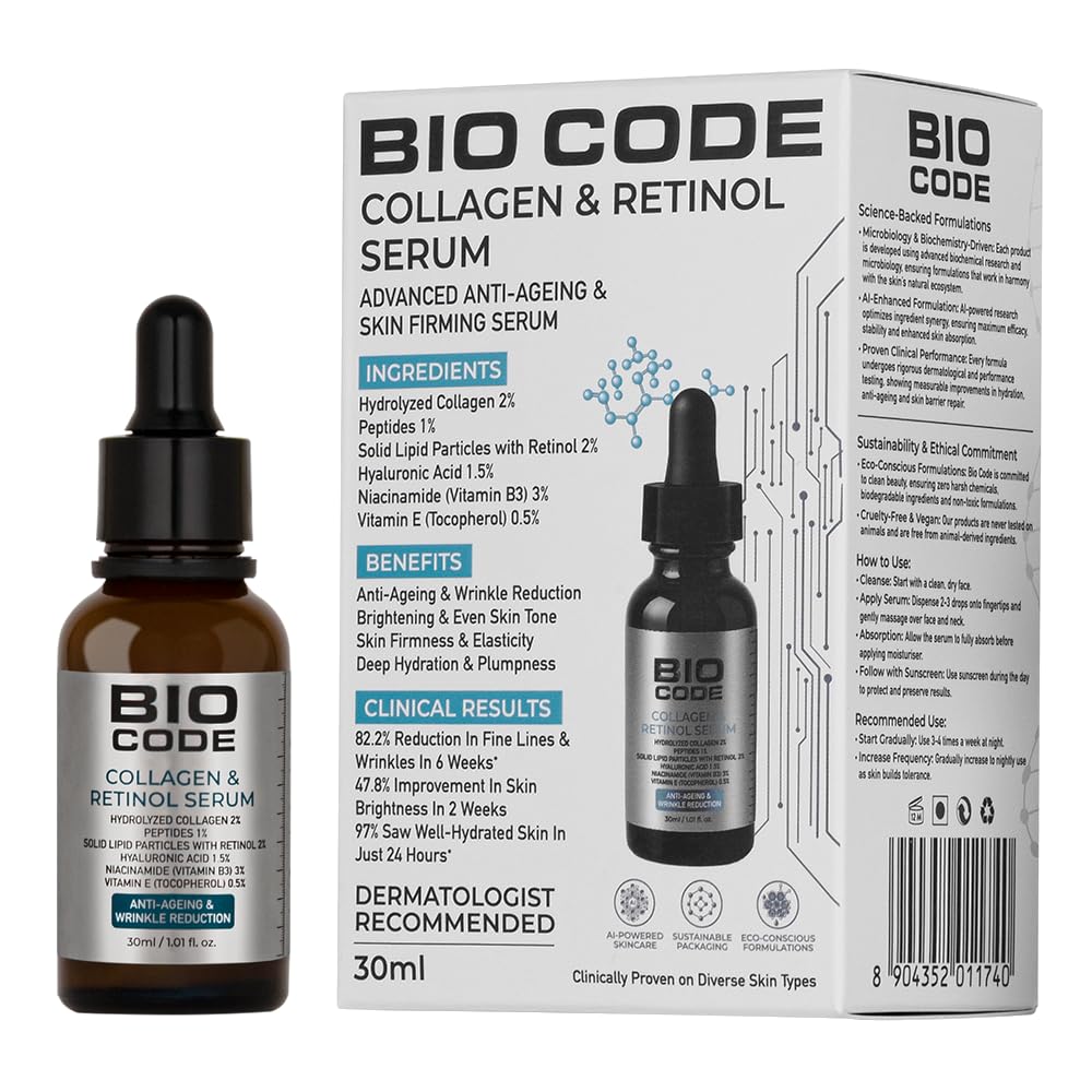 Bio Code Hydrolyzed Collagen 2% & Peptides 1%, Solid Lipid Particle with Retinol 2% Hyaluronic Acid 1.5%, Niacinamide(Vitamin B3) 3% Vitamin E (Tocopherol) 0.5% Serum - Advanced Anti-Aging with Hyaluronic Acid | AI-Enhanced Formula | Dermatologist Recommended