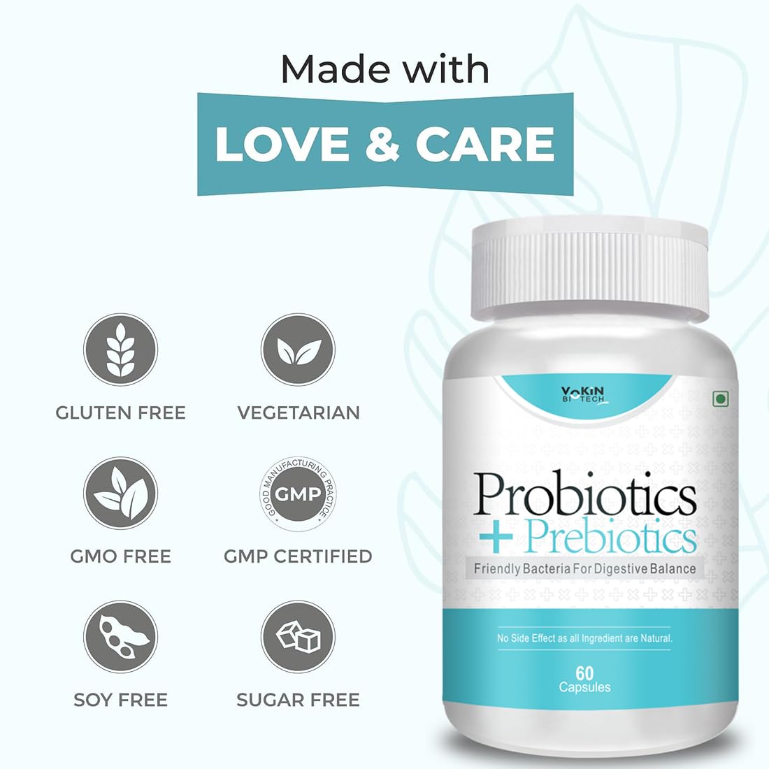 Vokin Biotech Probiotics+ Prebiotics Supplement 50 Billion Cfu For Women & Men With Prebiotics 150 mg | Probiotic Capsules For Digestion Support, Gut Health And Immunity – 60 Veg Capsules