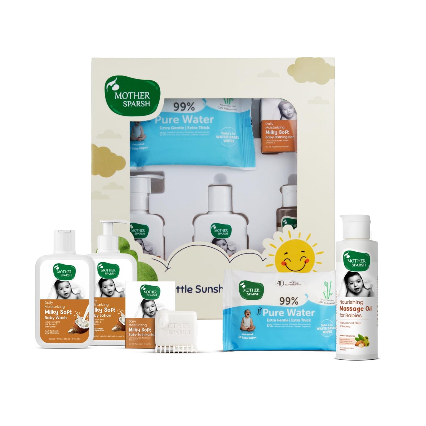 Mother Sparsh Gift Set for Babies, Combo of 5 Baby Skin Care Essentials (Sunshine Box) - Distacart