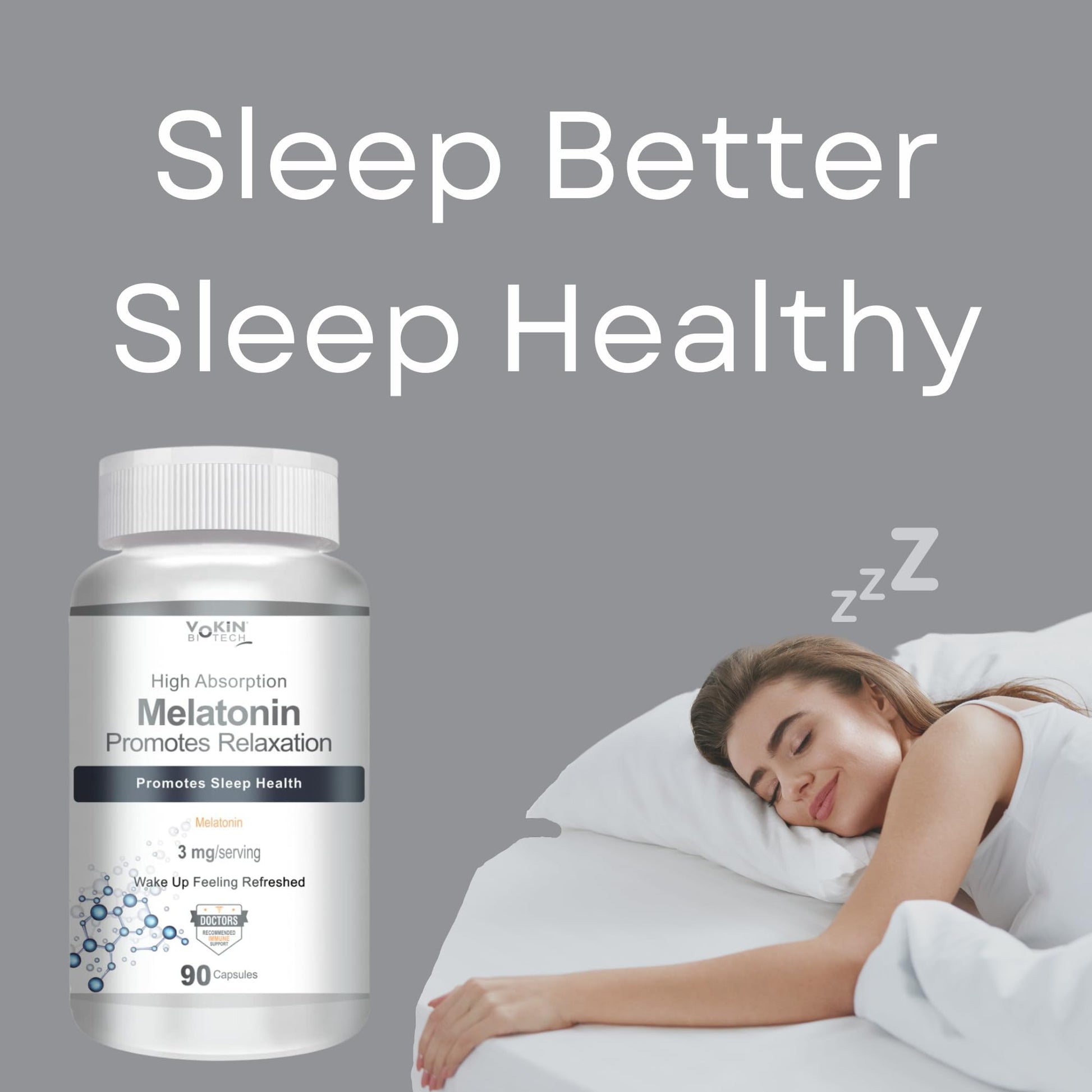 Vokin Biotech Melatonin 3mg Healthy Sleep Cycle | Helps Stress & Anxiety Relief | Improve Concentration 90 Capsules