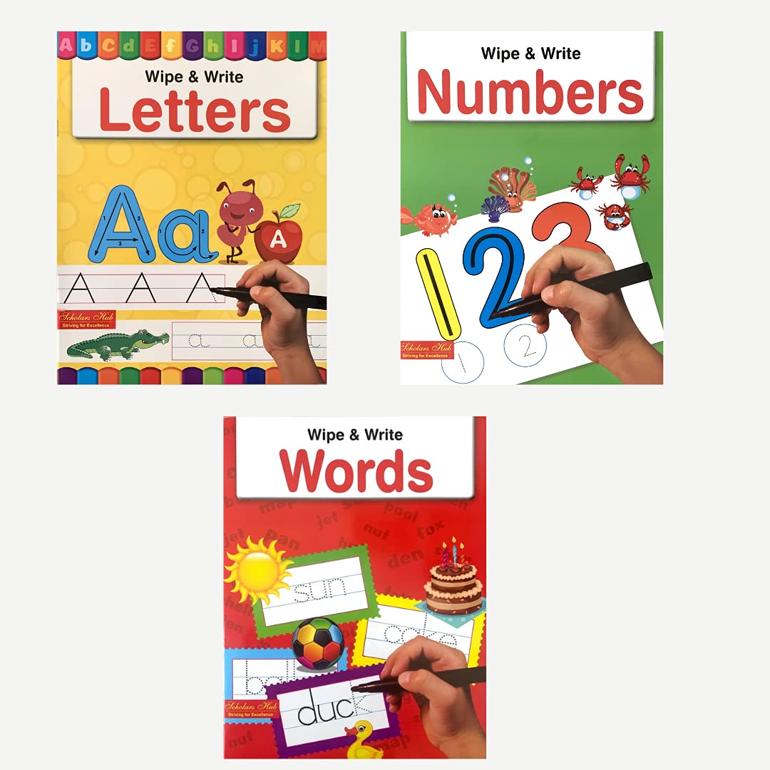 Scholars Hub Reusable And Washable Wipe And Clean Books For Kids (Set Of 3 Books) : Alphabet, Numbers & Words | 48 Pages | Writing Books | Helps Child To Write, Wipe And Write Again. - Dista