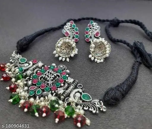 Tehzeeb Creations Women's Oxidised Multi Colour Meenakari Necklace Set - Distacart