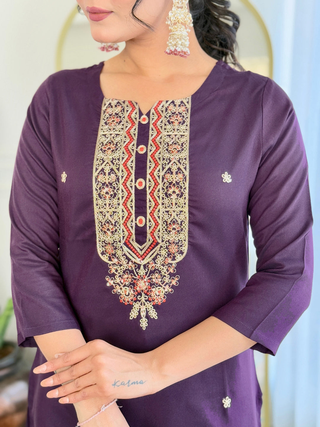 The52 Women's Rayon Embroidery work Straight Kurta with Pant and Dupatta Set