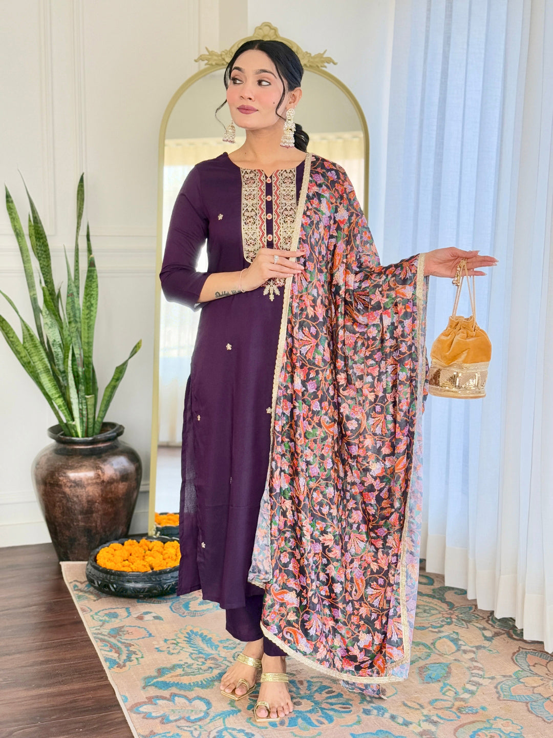 The52 Women's Rayon Embroidery work Straight Kurta with Pant and Dupatta Set