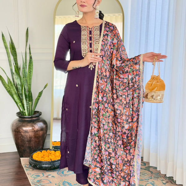 The52 Women's Rayon Embroidery work Straight Kurta with Pant and Dupatta Set