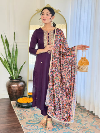 The52 Women's Rayon Embroidery work Straight Kurta with Pant and Dupatta Set