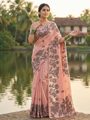 Monjolika Fashion Peach Floral Printed Linen Blend Saree with Matching Blouse Piece - Dista