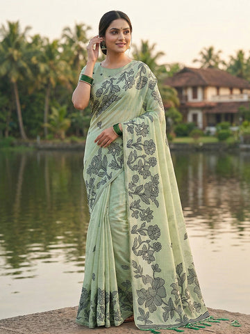 Monjolika Fashion Mint Green Floral Printed Linen Blend Saree with Matching Blouse Piece - Dista
