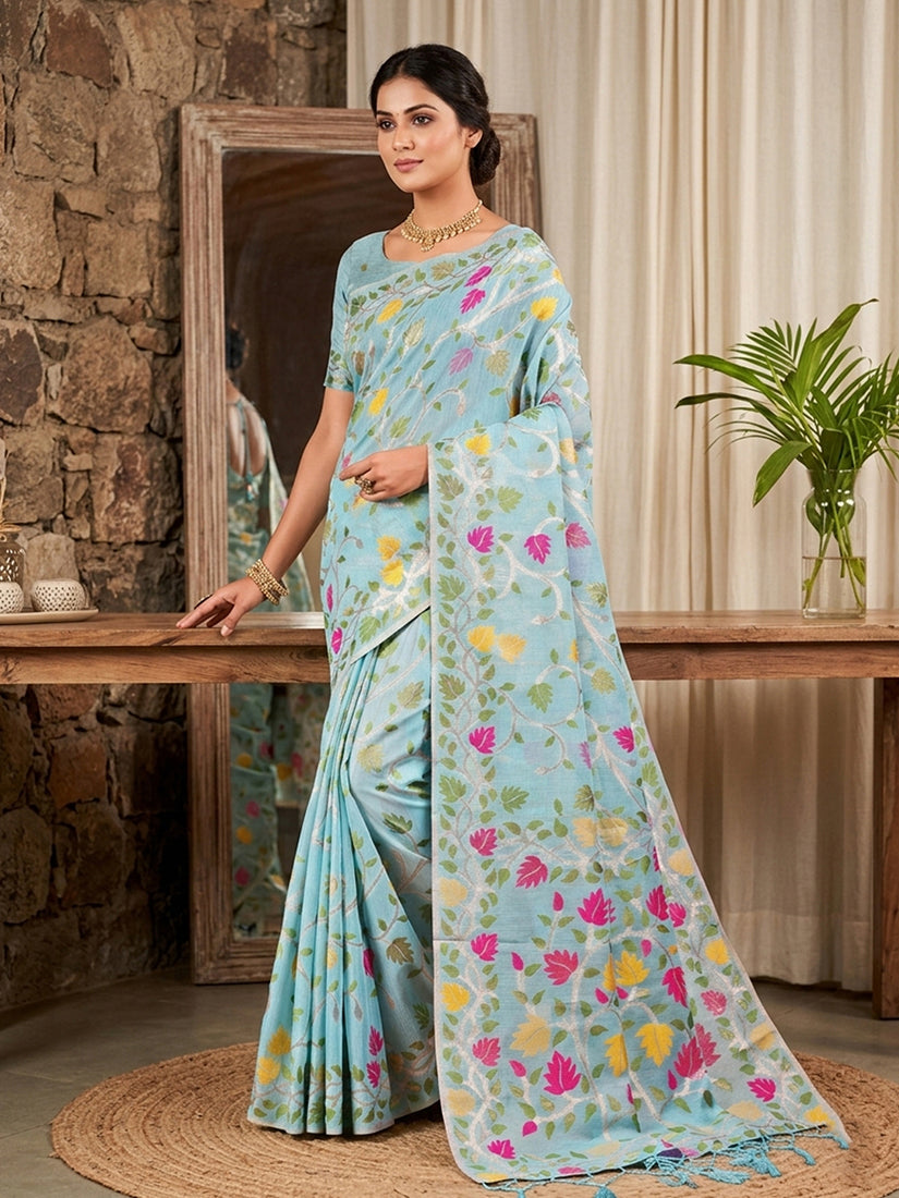 Monjolika Fashion Sky Blue Linen Cotton Blend Saree with Floral Print