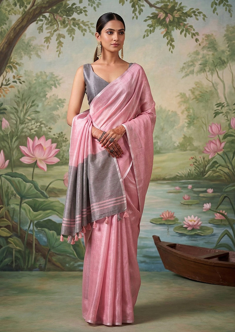 Monjolika Fashion Pink Tissue Linen Blend Saree with Grey Contrast Blouse