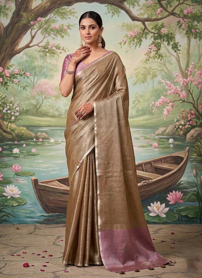 Monjolika Fashion Chiku Tissue Linen Blend Saree with Onion Pink Contrast Blouse