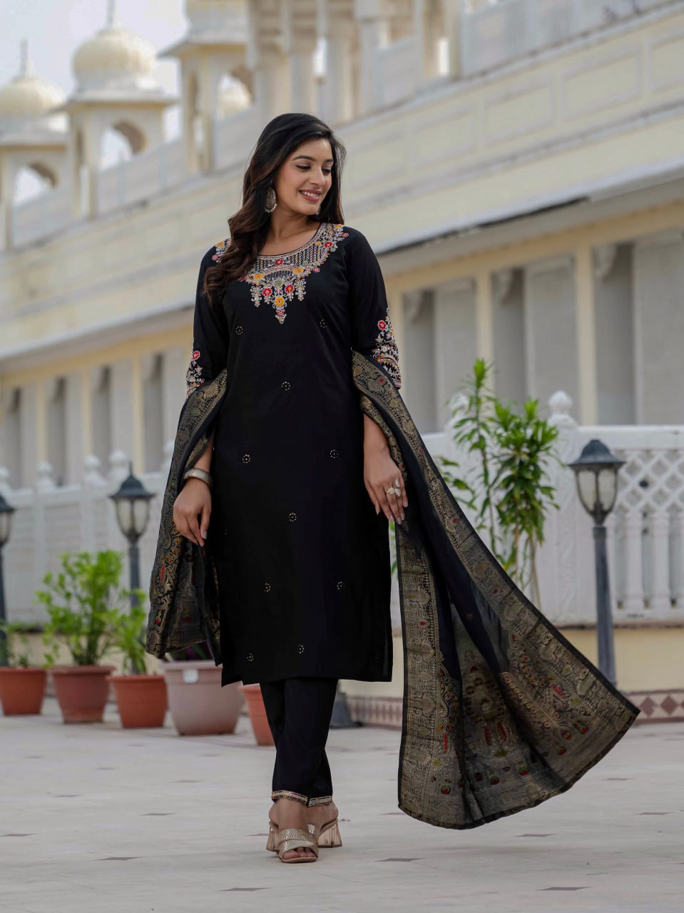 Pramukh Fab Black Color Roman Silk Kurta Set - Distacart