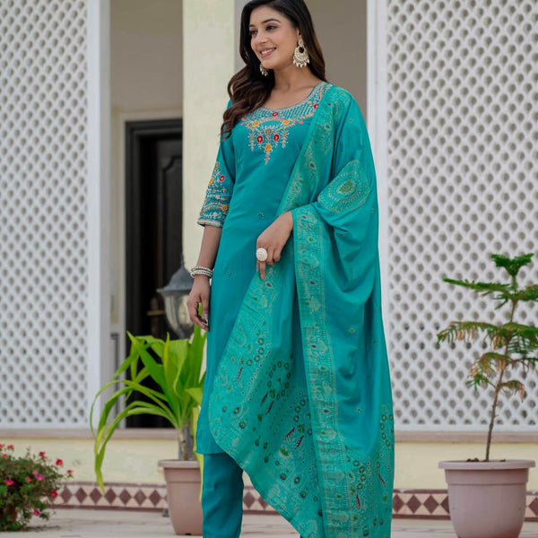 Pramukh Fab Rama Color Roman Silk Kurta Set - Distacart