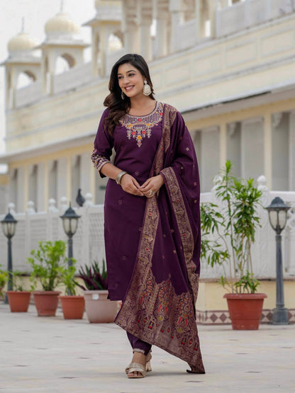 Pramukh Fab Plum Color Roman Silk Kurta Set - Distacart