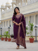 Thumbnail for Pramukh Fab Plum Color Roman Silk Kurta Set - Distacart