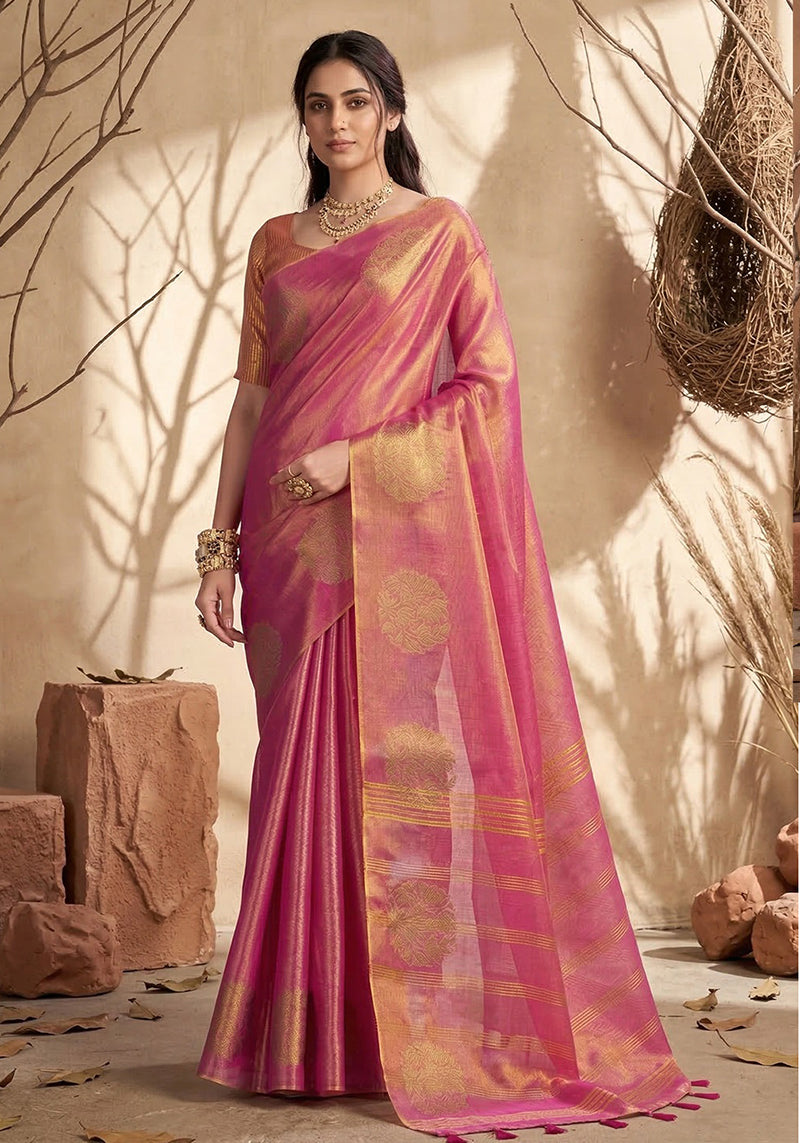 Monjolika Fashion Onion Pink Tissue Silk Blend Saree with Gold Zari Bootas