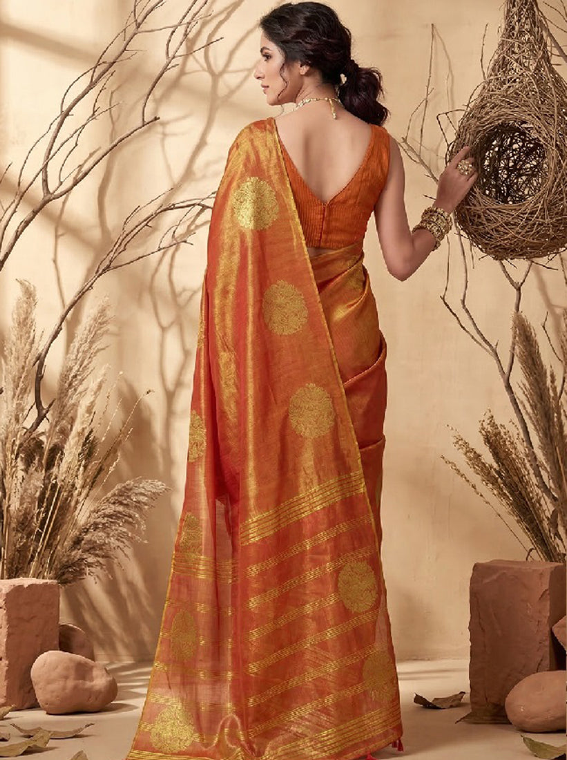 Monjolika Fashion Rust orange Tissue Silk Blend Saree with Gold Zari Bootas - Dista