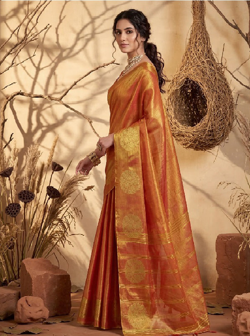 Monjolika Fashion Rust orange Tissue Silk Blend Saree with Gold Zari Bootas - Dista