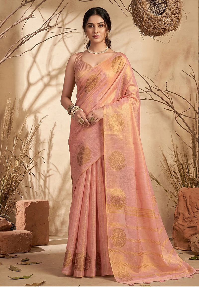 Monjolika Fashion Baby Pink Tissue Silk Blend Saree with Gold Zari Bootas