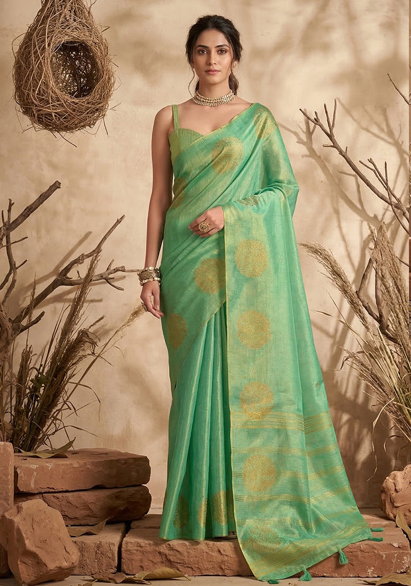 Monjolika Fashion Sea Green Tissue Silk Blend Saree with Gold Zari Bootas