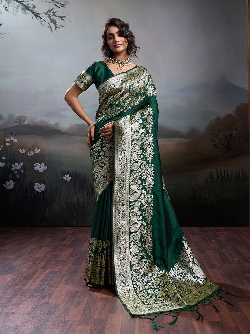 Monjolika Fashion Dark Green Banarasi Silk Blend Saree With Rich Gold Zari Weaving