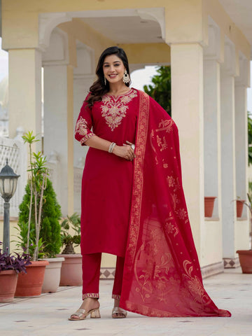 Pramukh Fab Rani Pink Color Roman Silk Kurta Set - Distacart