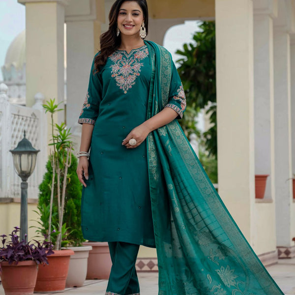 Pramukh Fab Teal Green Color Roman Silk Kurta Set - Distacart