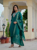 Thumbnail for Pramukh Fab Teal Green Color Roman Silk Kurta Set - Distacart