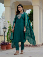 Thumbnail for Pramukh Fab Teal Green Color Roman Silk Kurta Set - Distacart