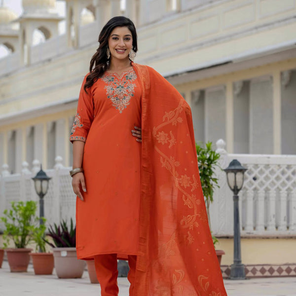 Pramukh Fab Orange Color Roman Silk Kurta Set - Distacart