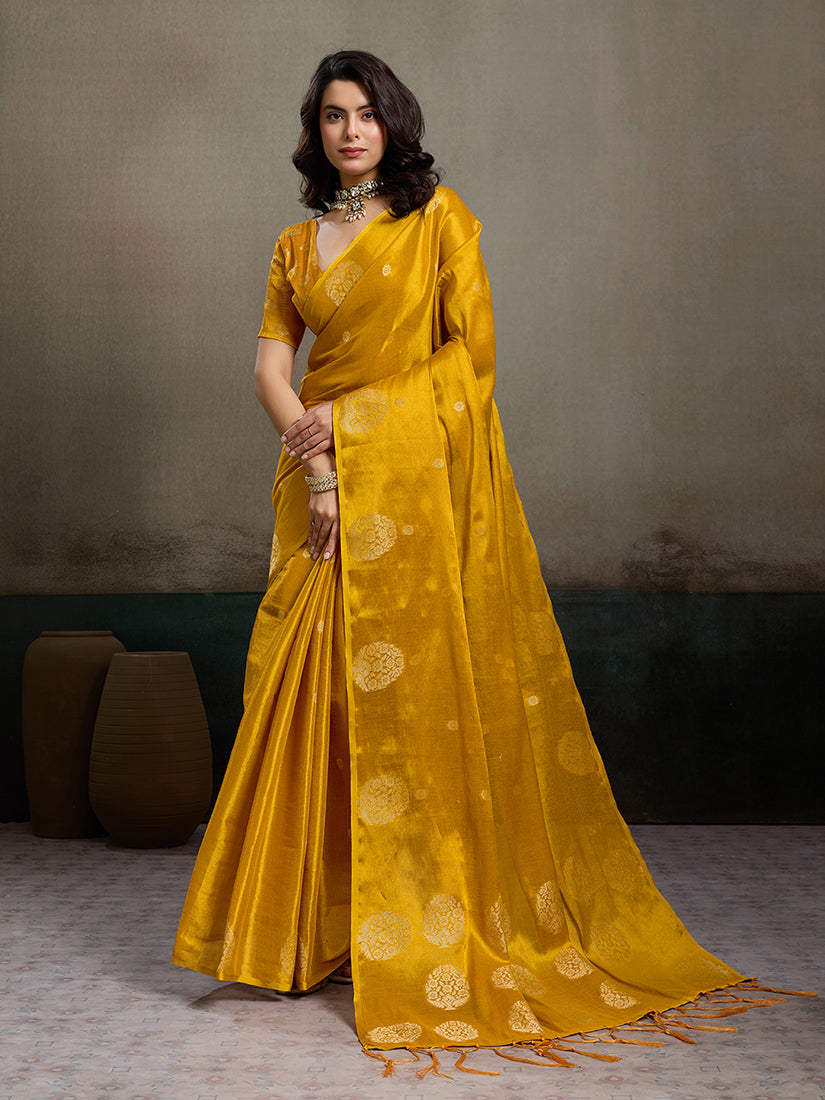 Monjolika Fashion Mustard Yellow Linen Silk Blend Saree with Gold Zari Bootas and Tassels - Dista