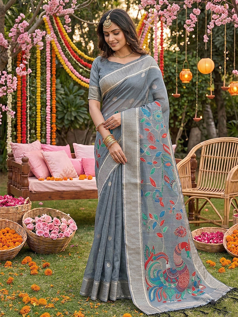 Monjolika Fashion Grey Linen Cotton Saree with Multicolor Meenakari Peacock Weaving - Dista