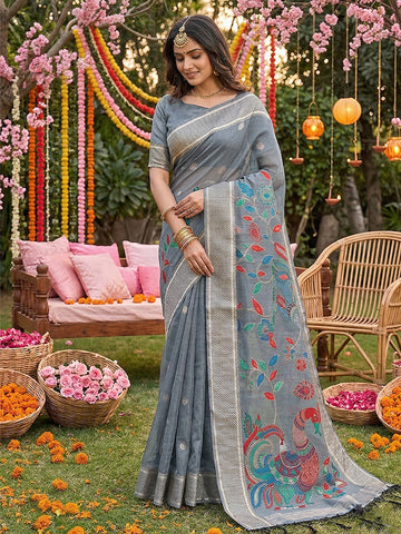 Monjolika Fashion Grey Linen Cotton Saree with Multicolor Meenakari Peacock Weaving - Dista