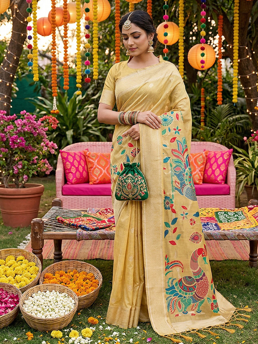Monjolika Fashion Light Yellow Linen Cotton Saree with Multicolor Meenakari Peacock Weaving - Dista
