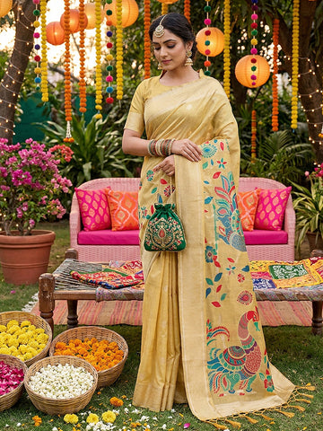 Monjolika Fashion Light Yellow Linen Cotton Saree with Multicolor Meenakari Peacock Weaving - Dista