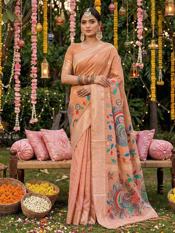 Monjolika Fashion Peach Linen Cotton Saree with Multicolor Meenakari Peacock Weaving - Dista