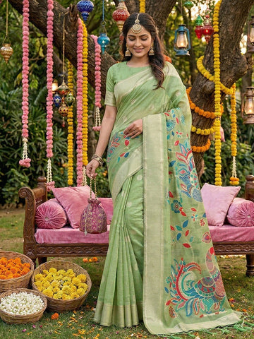 Monjolika Fashion Mint Green Linen Cotton Saree with Multicolor Meenakari Peacock Weaving - Dista