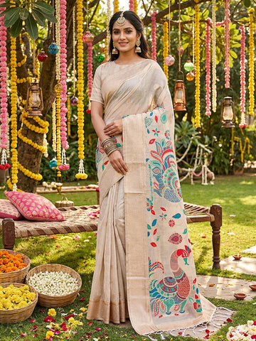 Monjolika Fashion Off White Linen Cotton Saree with Multicolor Meenakari Peacock Weaving - Dista