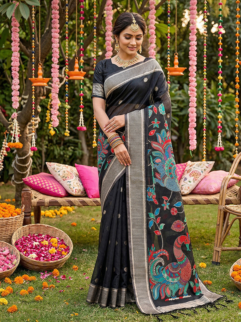 Monjolika Fashion Black Linen Cotton Saree with Multicolor Meenakari Peacock Weaving - Dista