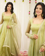 Thumbnail for Yash Enterprise Light Green Soft Organza Party Wear Embroidery Suit Set - Distacart