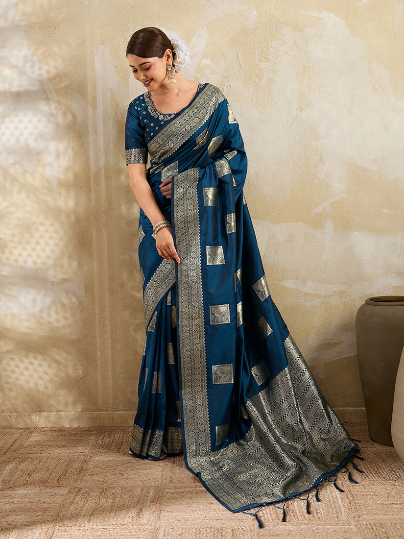 Monjolika Fashion Navy Blue Zari Woven Banarasi Silk Blend Saree With Blouse Piece - Dista