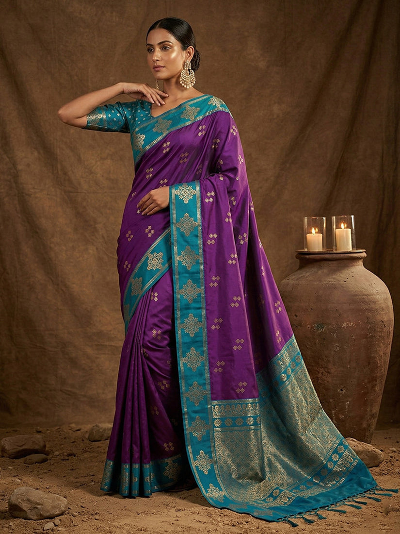 Monjolika Fashion Purple Zari Woven Banarasi Silk Blend Saree with Blouse Piece - Dista
