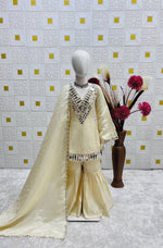 Thumbnail for Evanik Beige Heavy Cosmos Zari Silk Real Mirror Work Kids Sharara Set - Distacart