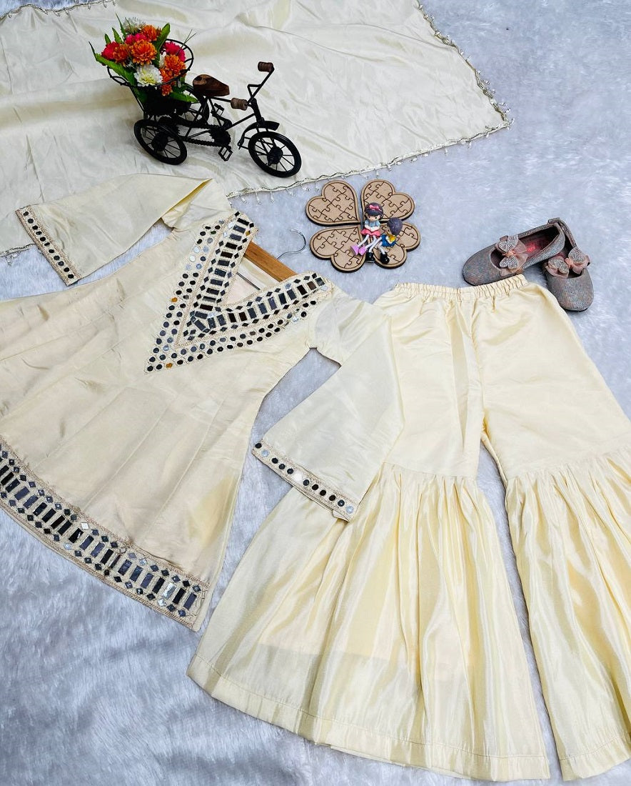 Evanik Beige Heavy Cosmos Zari Silk Real Mirror Work Kids Sharara Set - Distacart