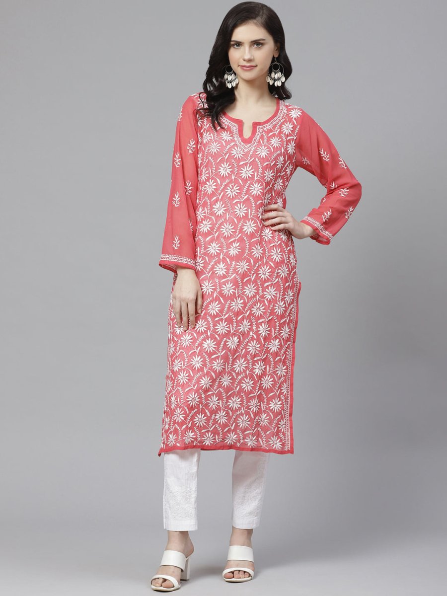 ADA Women Pink & White Chikankari Embroidered Sustainable Handloom Kurta with Trousers - Distacart