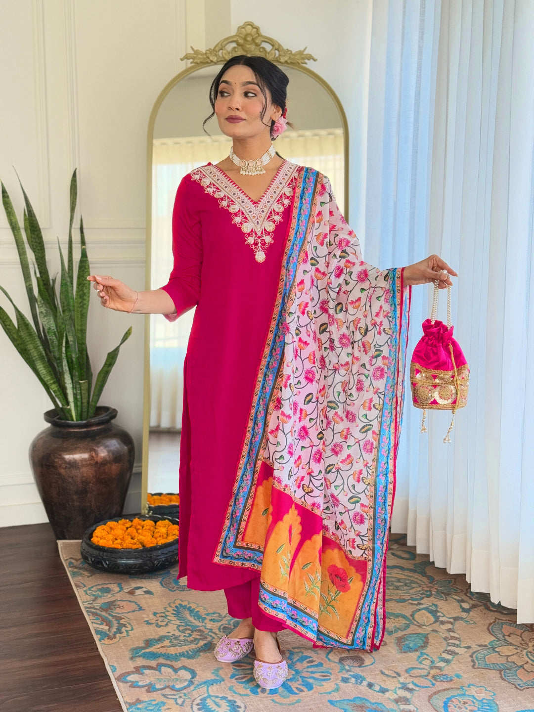 The52 Thread Work Rayon Fabric Straight Kurta, Pant and Dupatta Set