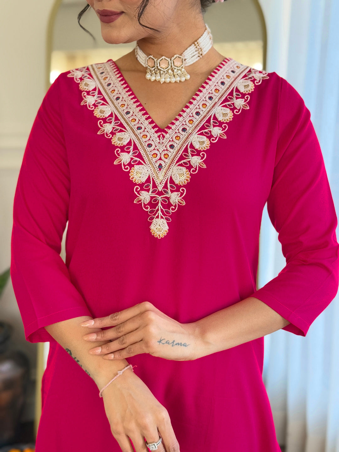 The52 Thread Work Rayon Fabric Straight Kurta, Pant and Dupatta Set