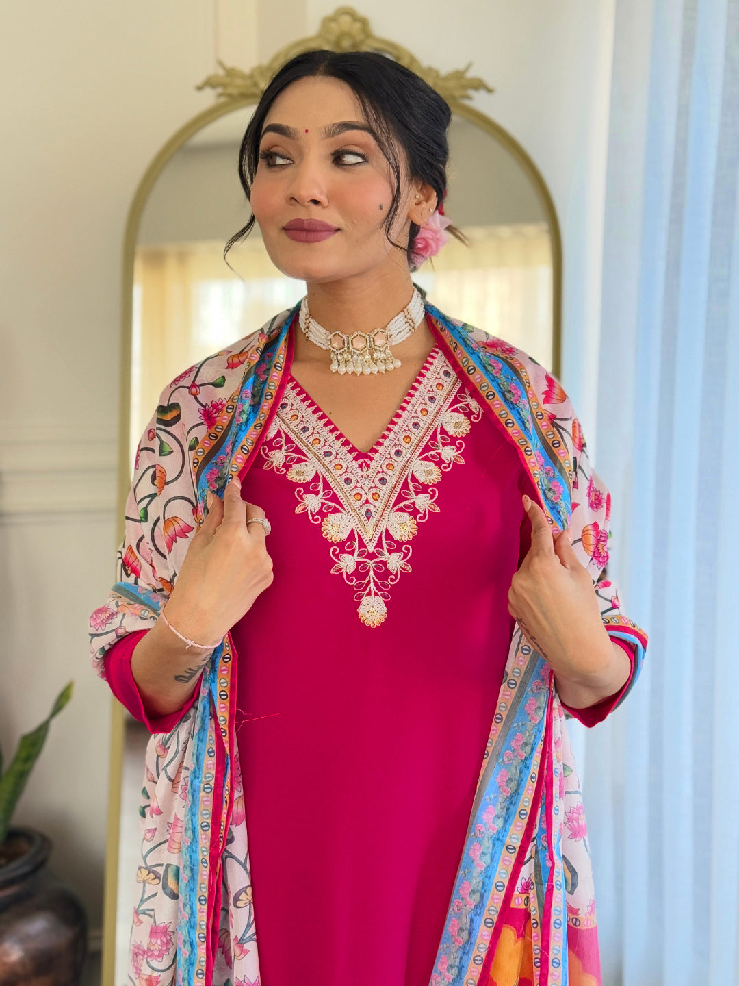 The52 Thread Work Rayon Fabric Straight Kurta, Pant and Dupatta Set