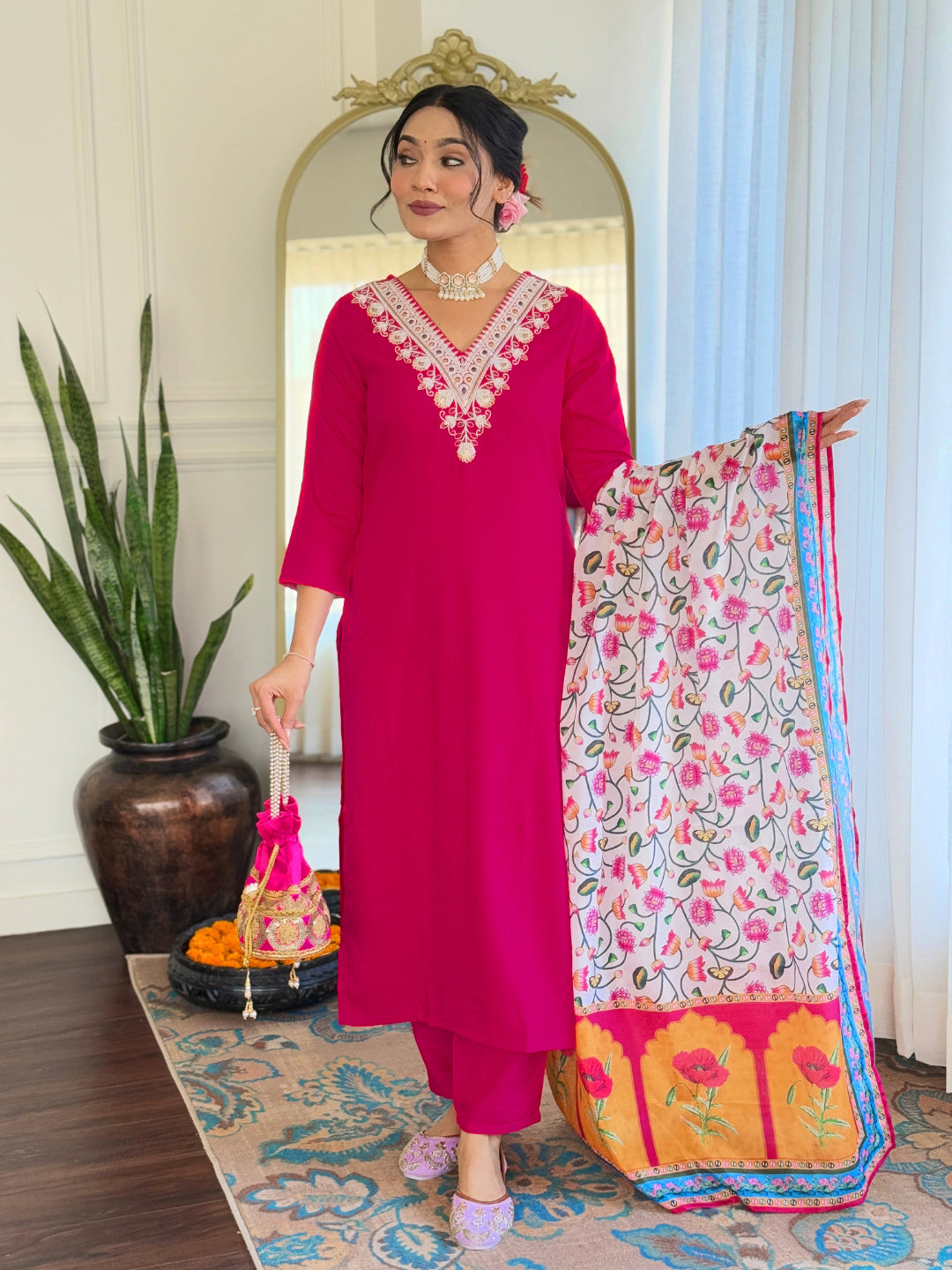 The52 Thread Work Rayon Fabric Straight Kurta, Pant and Dupatta Set
