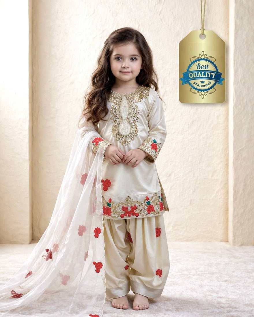 Evanik White Designer Party Wear Heavy Natural Crep Kids Patiala Set - Distacart